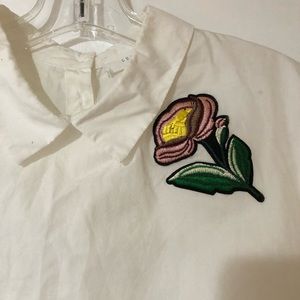 Lush White Blouse with Embroidered Flower Short Sleeve Shirt